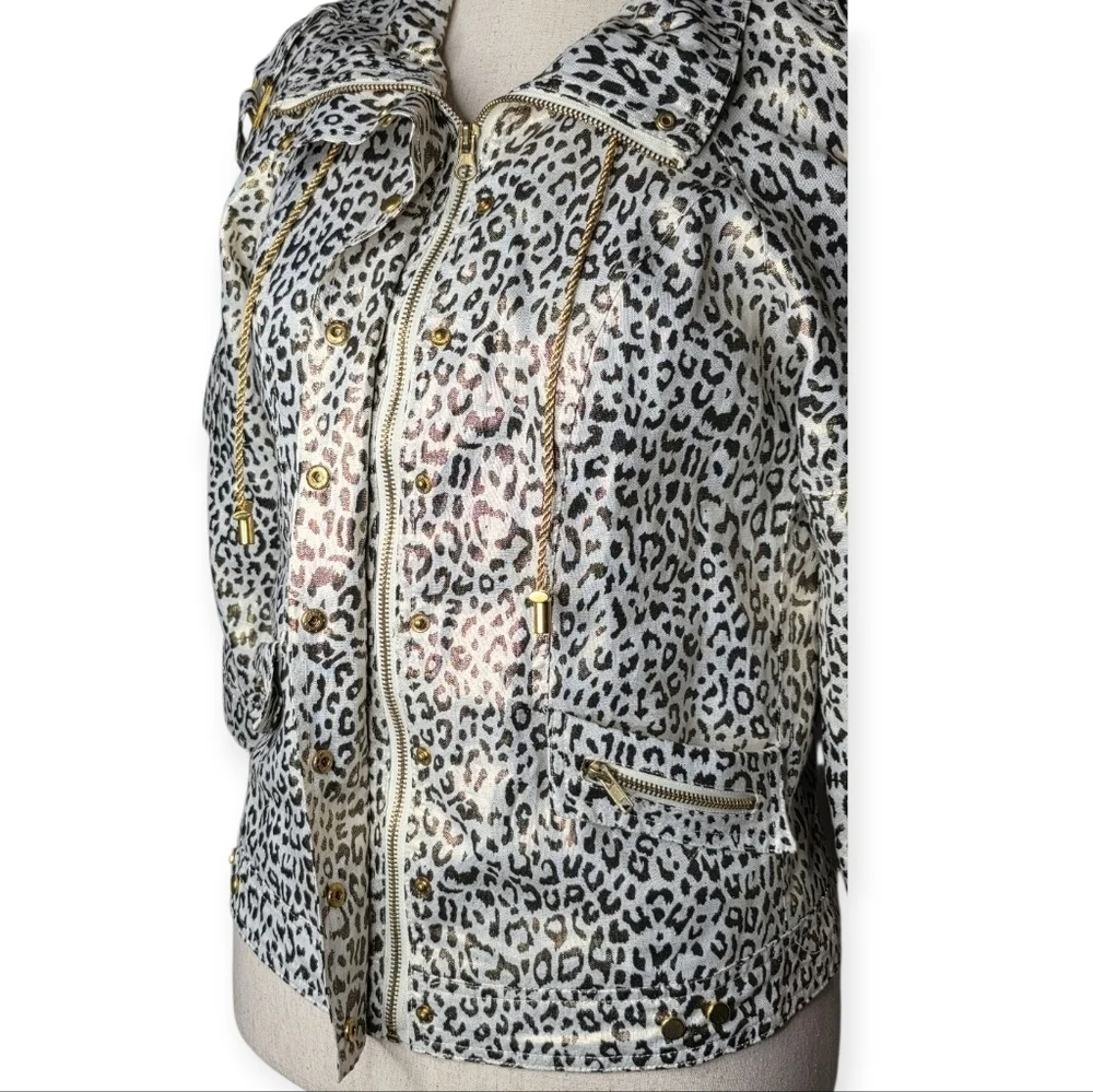 Vintage Just B Leopard Print Linen Jacket Gold Trim M 90s Y2K